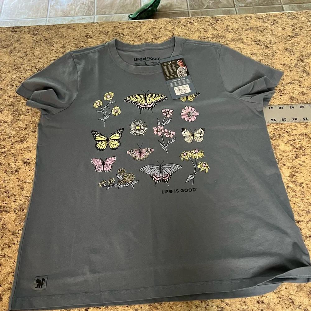 Life Is Good crusher Women’s Slate Blue Gray collection butterflies Tee shirt L - Picture 5 of 10